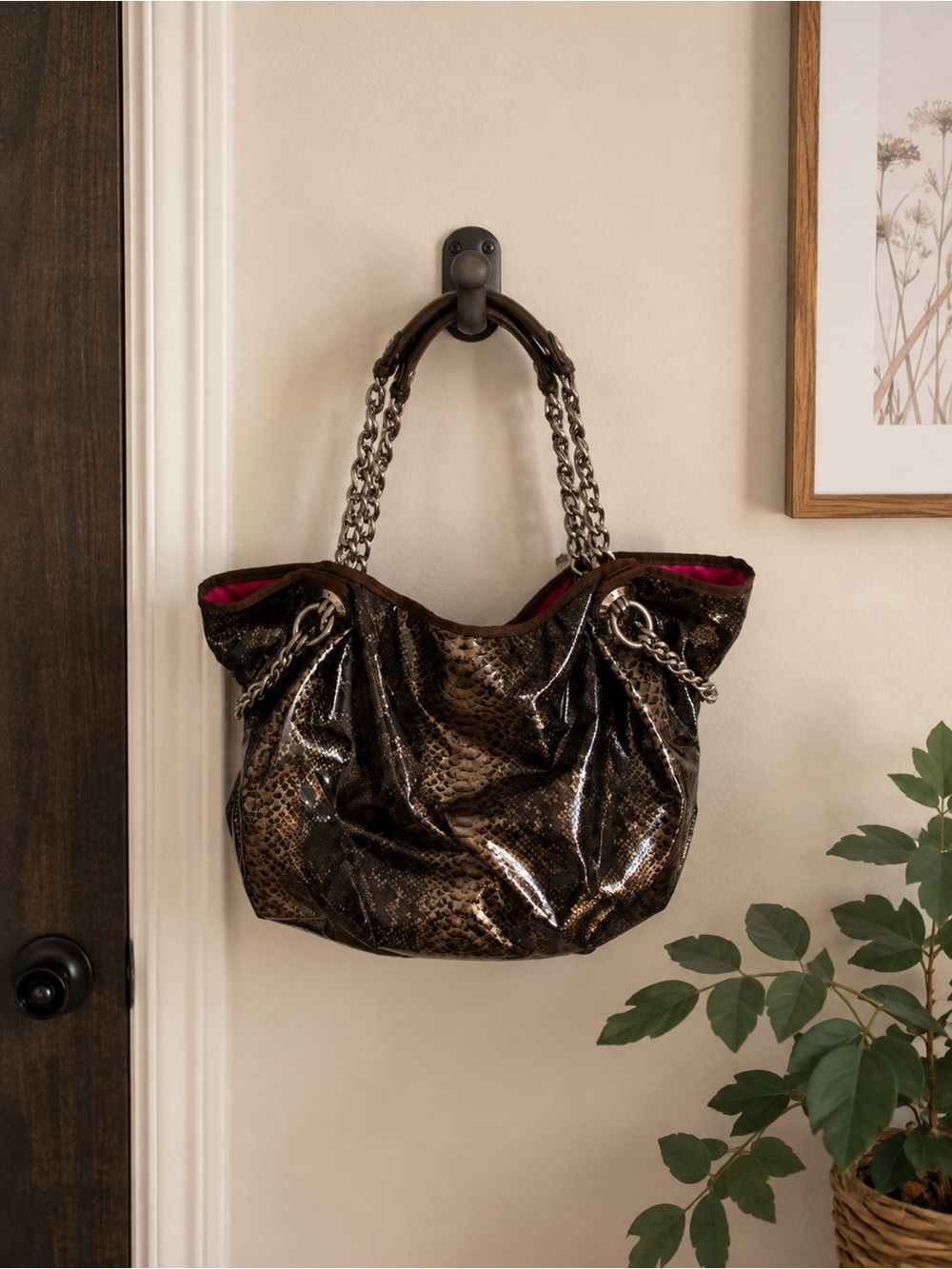 Brown Snakeskin-Effect Henri Bendel Tote Bag with Chain Handles